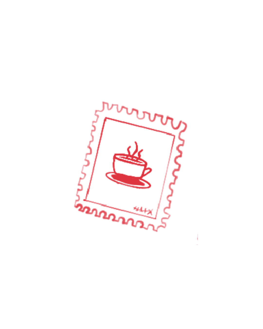 Gather Round Social social media management service website icon of red postage stamp with coffee on it.