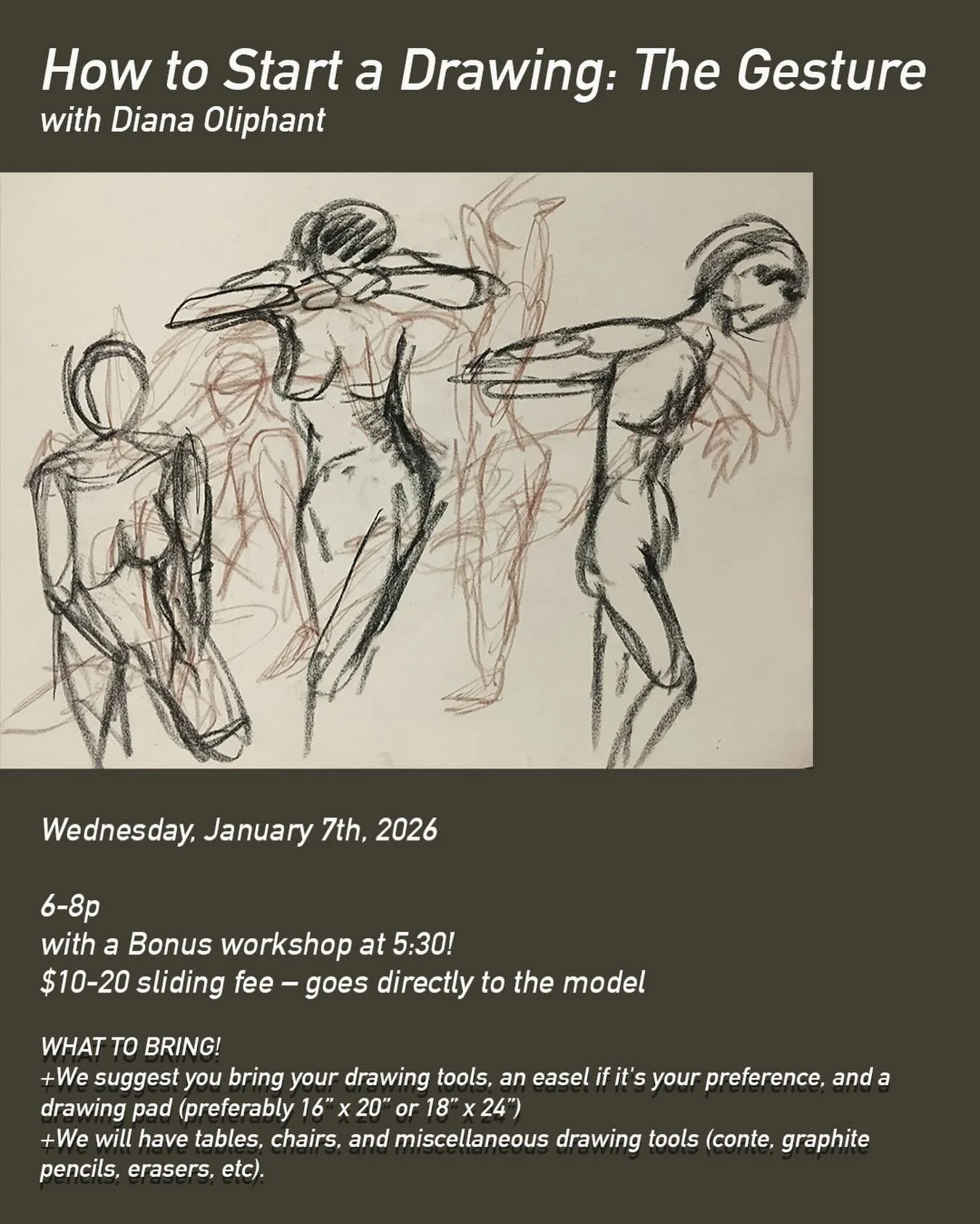 Join us for our first Figure Drawing session! No experience needed! The session will begin with a 30 minute introduction to drawing with Diana Oliphant (@Diana_jean_o @djartmodel) on The Gesture&ndash;more below!

How to Start a Drawing: The Gesture
