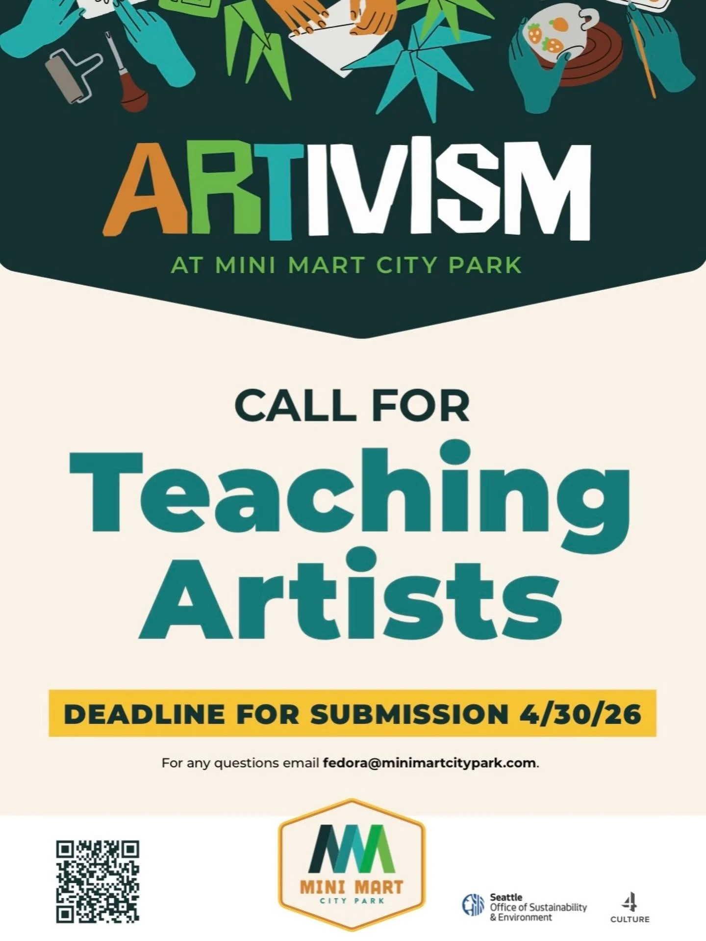 𝗖𝗔𝗟𝗟 𝗙𝗢𝗥 𝗧𝗘𝗔𝗖𝗛𝗜𝗡𝗚 𝗔𝗥𝗧𝗜𝗦𝗧𝗦! Link to apply in bio. 

Mini Mart City Park is accepting teaching proposals for 𝘼𝙧𝙩𝙞𝙫𝙞𝙨𝙢: multi-day teen workshops. These workshops will integrate creative expression into environmental educati