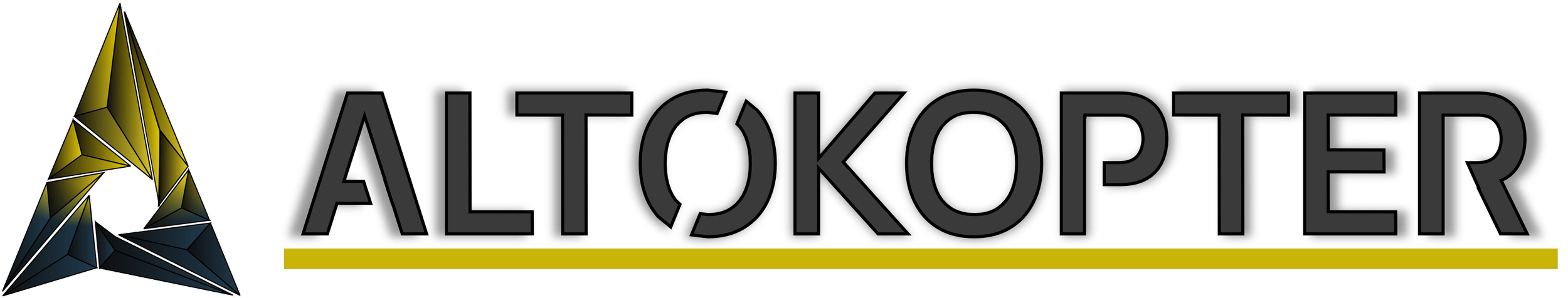 Logo des Ingenieurbüros ALTOKOPTER mit stilisiertem gelb-blauen Dach um eine Aussparung in Form einer Linse auf weißem Hintergrund.