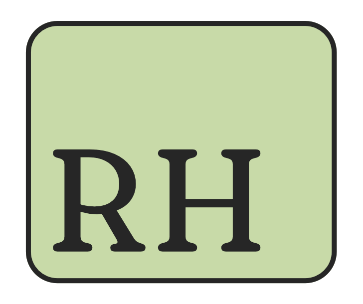 Green square with rounded corners containing the black capital letters 'RH' in the center.