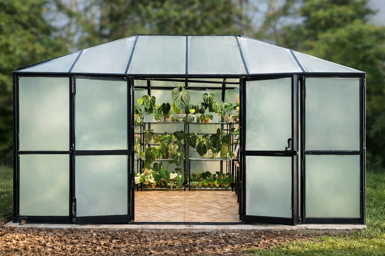 A small greenhouse with frosted glass panels, containing various potted plants with large green leaves, sitting on metal shelves, on a brick floor, outdoors with trees in the background.