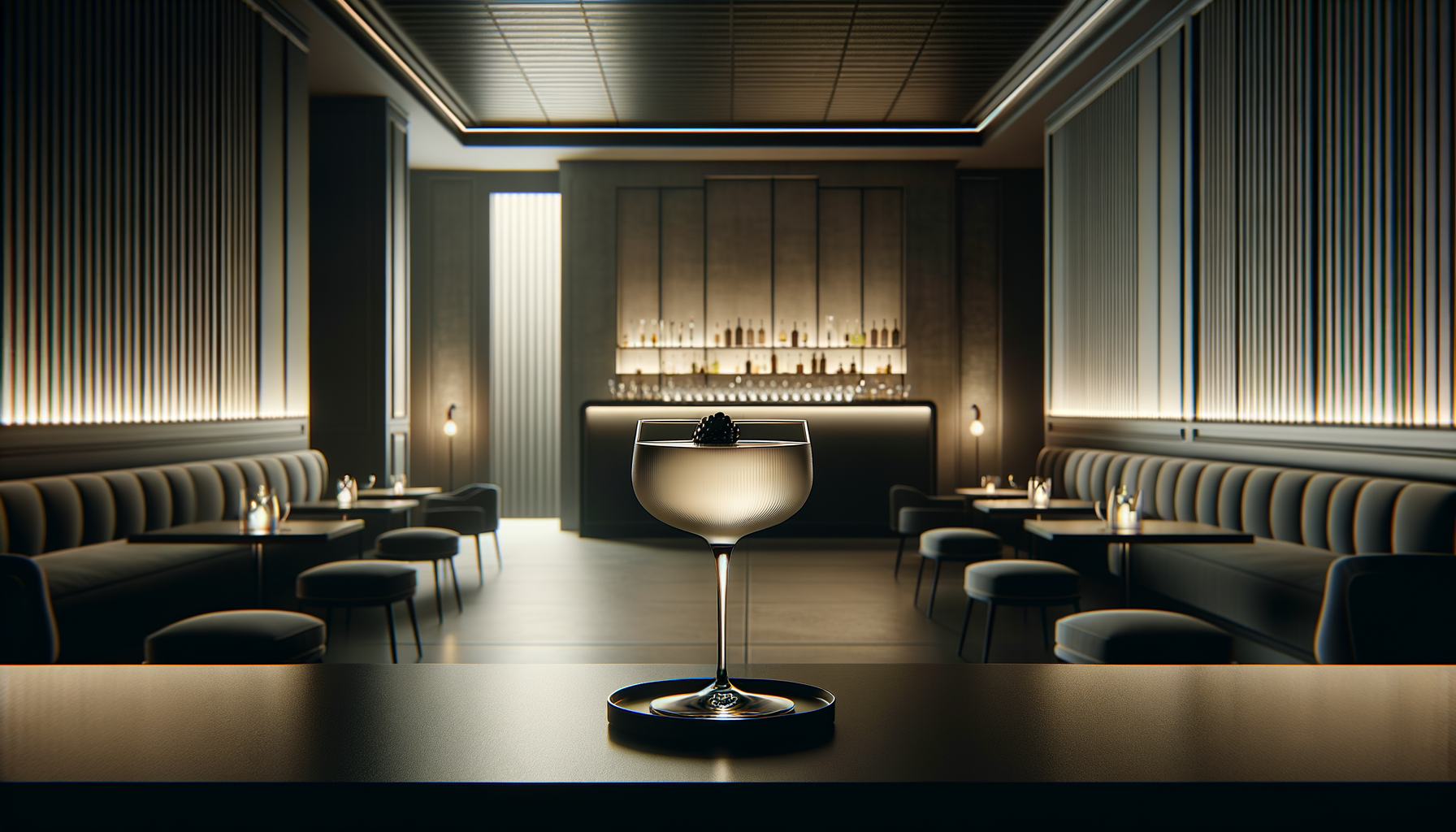 A cocktail glass with a blackberry garnish on a bar counter, in a dimly lit, modern lounge or bar with seating, tables, and a bar in the background.