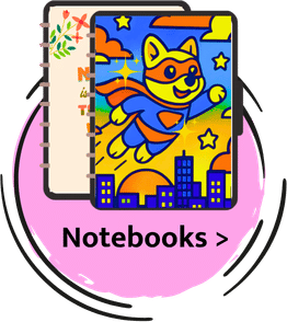 Colorful cartoon illustration of a superhero cat flying over a cityscape at night with stars, clouds, and a moon, with notebooks in the background and the word 'Notebooks' below.