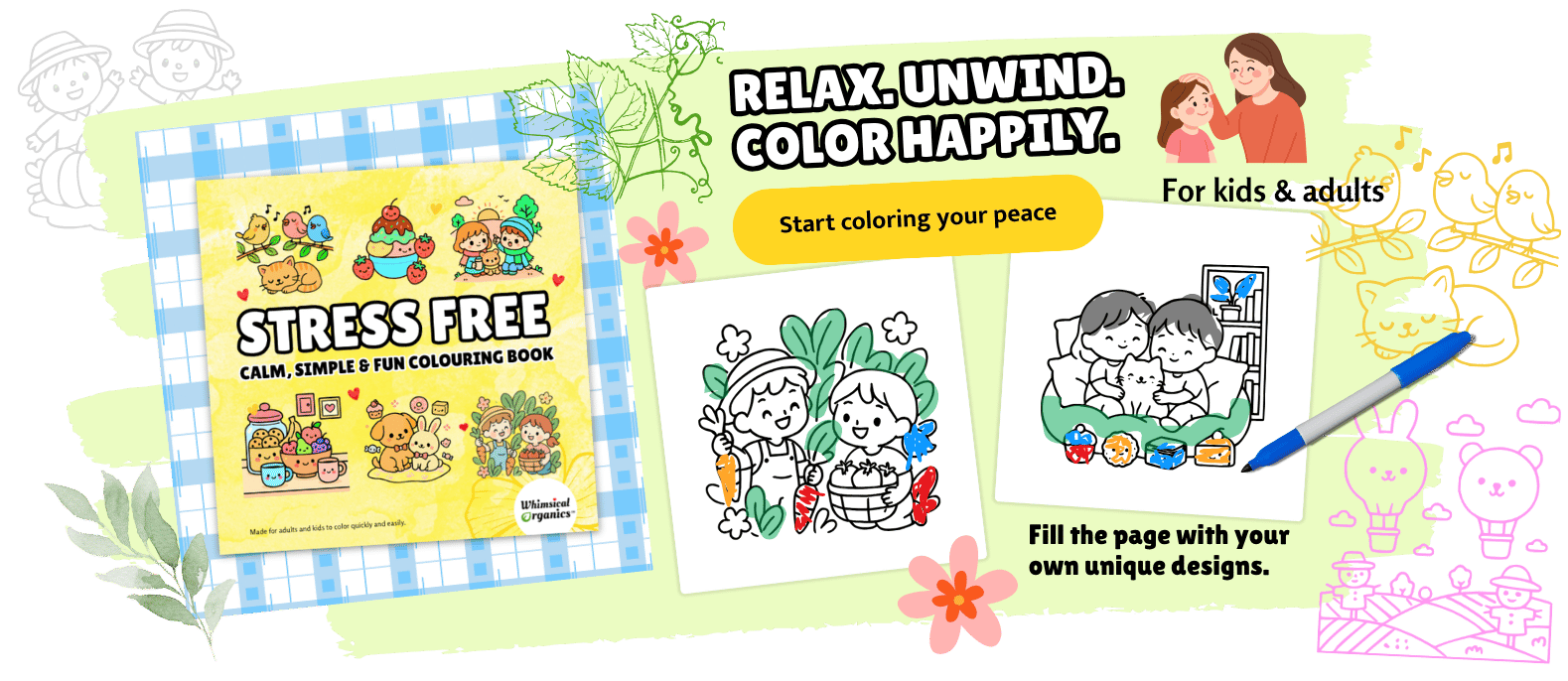 Coloring book cover titled "Stress Free: Calm, Simple & Fun Colouring Book" with illustrations of cute animals and children. Surrounding the cover are printouts of black-and-white coloring pages featuring children with a cat and vegetables, a child w