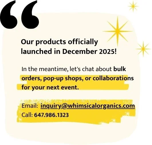 Announcement about products launching in December 2025, encouraging bulk orders, pop-up shops, or collaborations, with contact email and phone number, decorated with star graphics.
