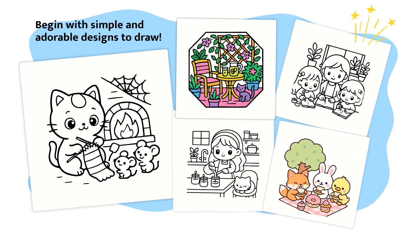 Collection of five coloring pages featuring cute animals and children, including a cat by a fireplace, a cozy patio scene with plants and a cat, children reading with a parent, a girl painting jars with a cat, and animals enjoying a picnic under a tree with cupcakes.