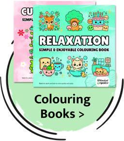 A collection of coloring books, including a relaxation themed book with cute animal illustrations and a pink simple coloring book in the background, displayed on a green circular surface.