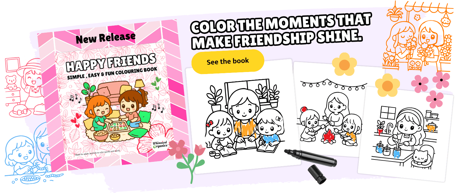 A colorful coloring book cover titled "HAPPY FRIENDS" with the subtitle "Simple, Easy & Fun Coloring Book". The cover features two children sitting on the floor crafting, surrounded by bowls and plant pots. The background has pink foliage patterns.