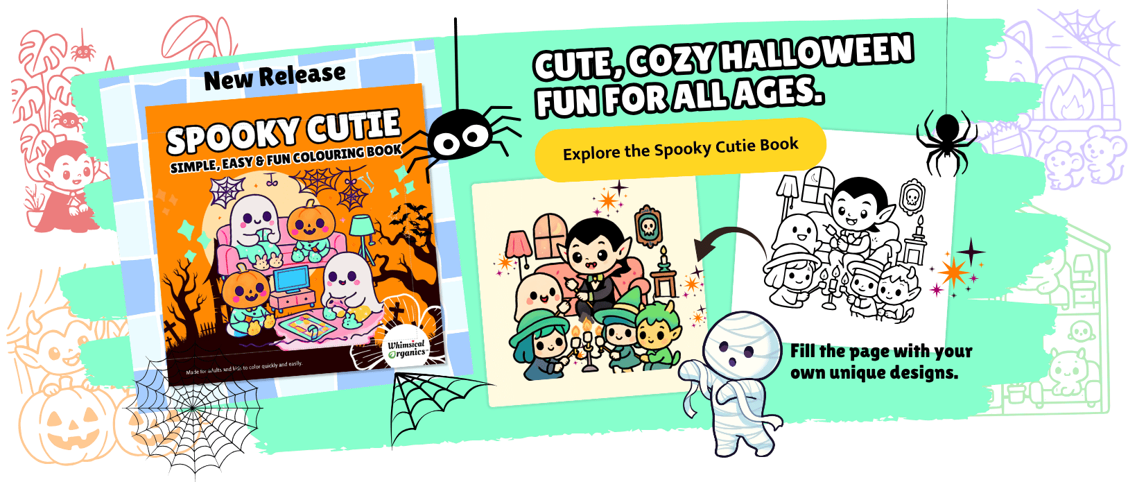 Halloween themed promotional image featuring a coloring book titled "Spooky Cutie" with cute ghost and pumpkin illustrations, a cartoon vampire character, black cats, spiders, bats, and spider webs on a teal background with black and purple Halloween