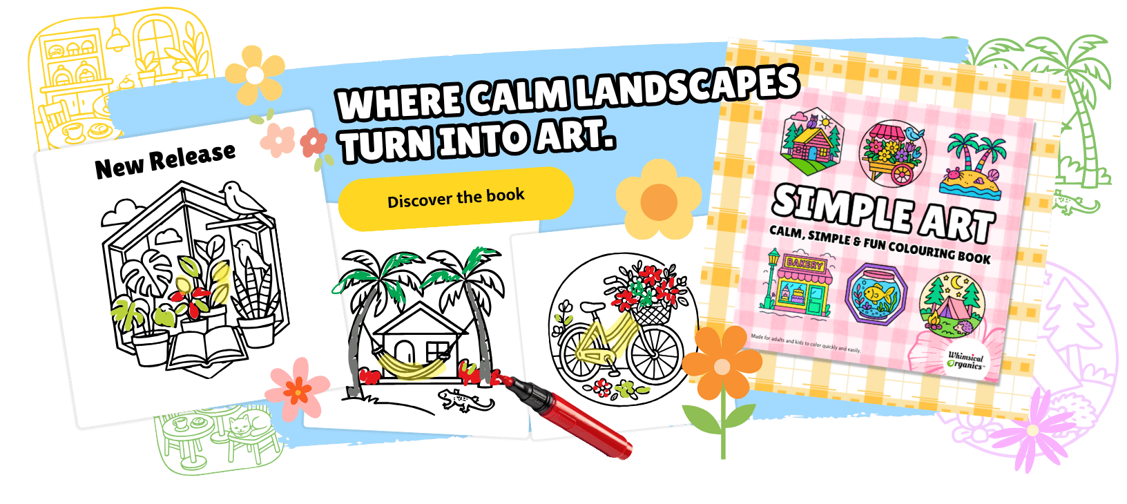 A magazine cover and coloring pages promoting a coloring book called 'Simple Art,' featuring calm landscapes like a greenhouse, a house with palm trees, and a bicycle, with colorful illustrations and floral decorations.