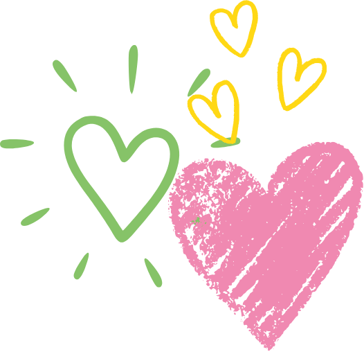 Drawing of pink and yellow hearts with green accents on a white background.