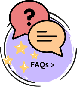 Illustration of two speech bubbles, one with a question mark and the other with lines of text, with stars and 'FAQs >' text at the bottom, suggesting frequently asked questions.