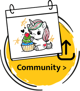 A cute unicorn cartoon with colorful hair and a horn, holding a cupcake with green frosting and a cherry on top, surrounded by stars and hearts, on a white poster background.