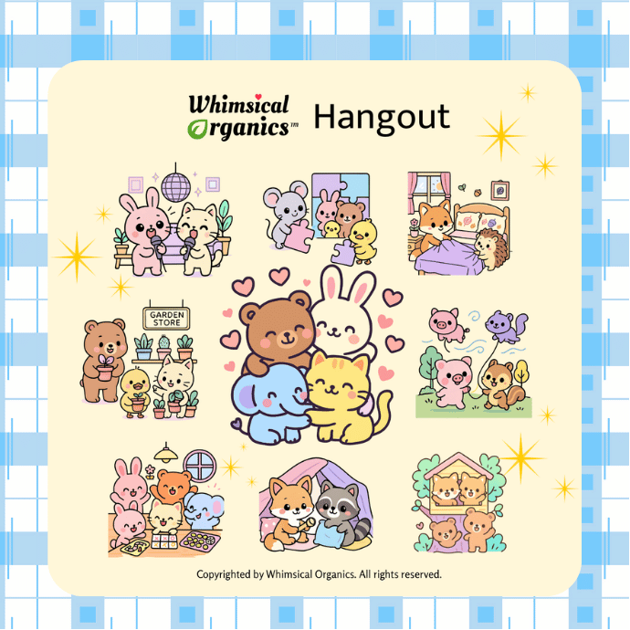 Colorful illustration of cute animals including bunnies, bears, cats, dogs, and pigs engaging in various activities in a whimsical setting. The scene features a central group of animals hugging, with others participating in puzzle solving, gardening, resting, and playing. The background contains stars and a grid-like pattern with the text 'Whimsical Organics Hangout' at the top.