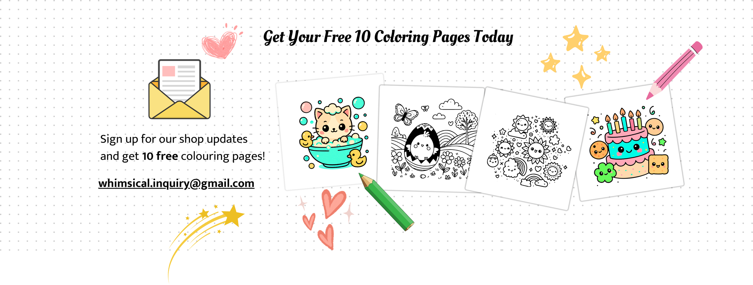 Promotion for free coloring pages with images of a cute cat in a bathtub, a landscape, a sunny face, and a cake with candles, surrounded by hearts, stars, and a pink pencil.
