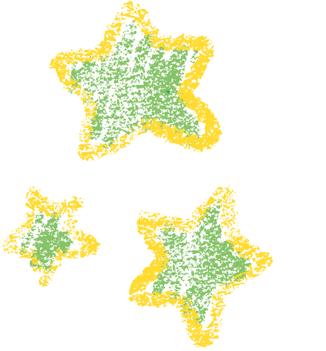 Three star-shaped objects with green centers and yellow borders, scattered on a white background.