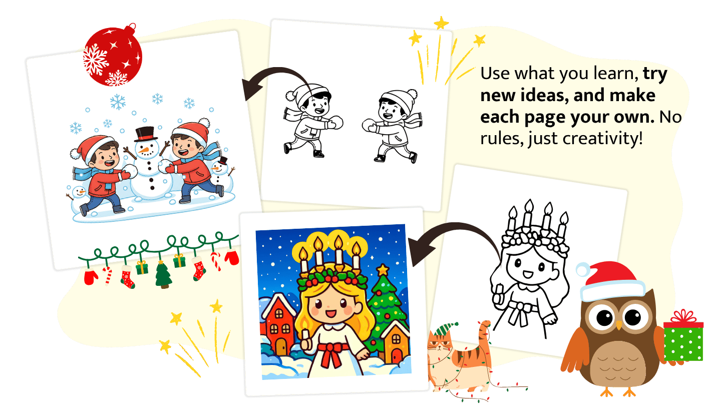 Colorful holiday-themed collage with children in winter clothing, making snowmen, and celebrating Christmas, including a girl with a crown of candles, an owl wearing a Santa hat holding a gift, and a cartoon winter scene with decorated houses, a Christmas tree, and a snowman.