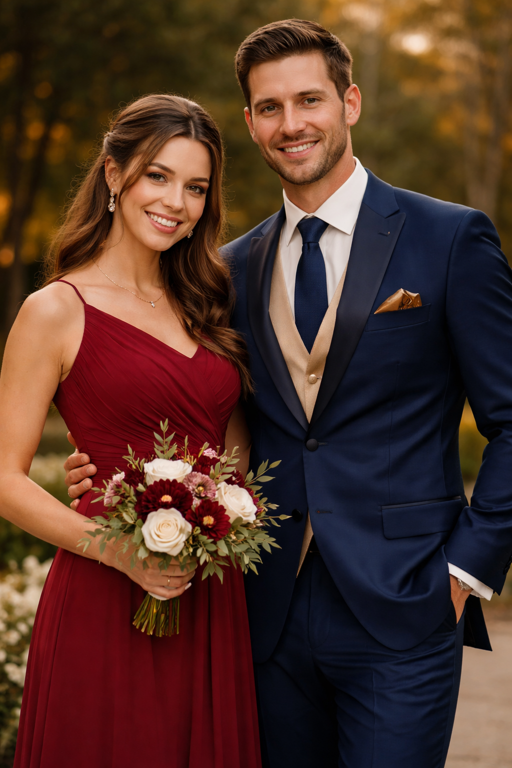 A smiling couple dressed in formal attire outdoors, the woman in a red gown holding a bouquet, and the man in a navy suit with a beige vest and tie, standing close together.