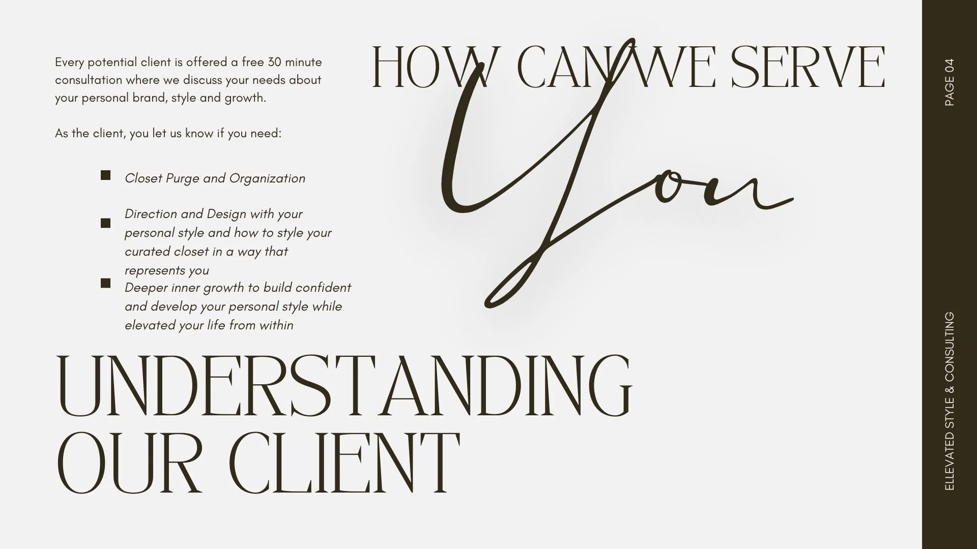 A promotional webpage for a style and consulting service titled 'How Can We Serve You,' explaining services such as closet purge, personal style design, and inner growth. The page emphasizes understanding clients and developing their personal style from within, with a sidebar noting 'Page 04' and 'Elevated Style & Consulting.'