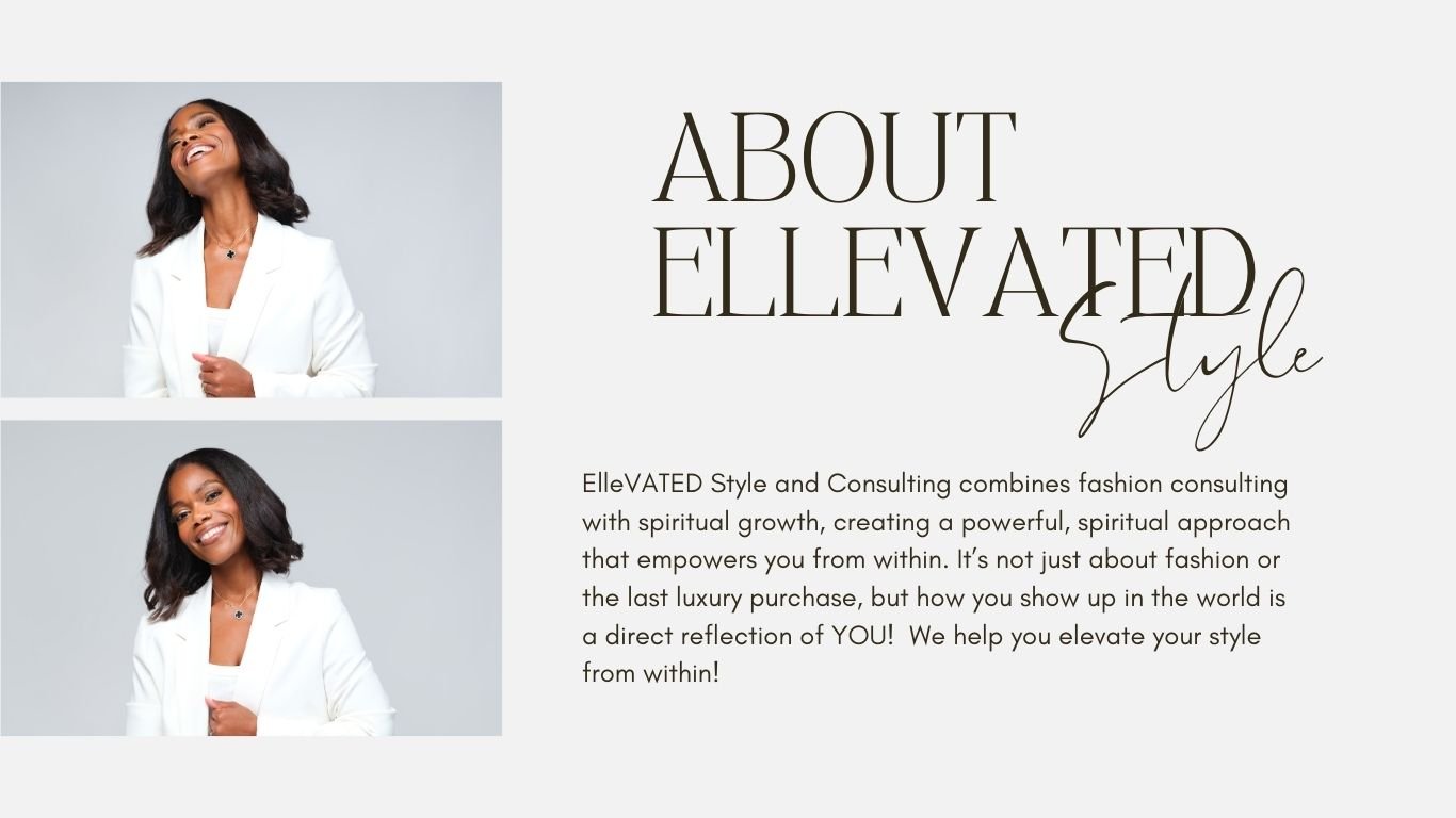 Two photos of a woman smiling in a white blazer against a light gray background, with text about ElleVATED Style and Consulting, emphasizing spiritual growth and elevating personal style.