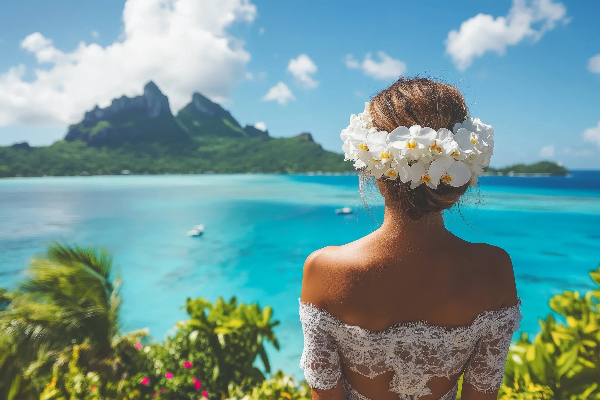 Bride overlooking a turquoise lagoon and tropical island mountains