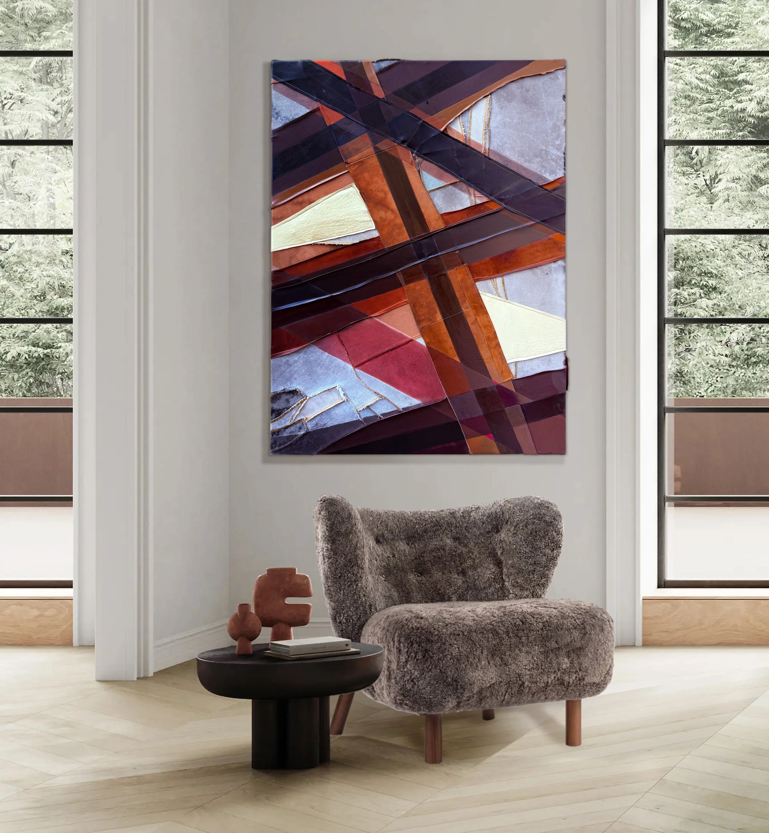 ENCOMPASS
2025
Mixed media on repurposed denim
& textiles incorporating recycled leather.
48”x 48"