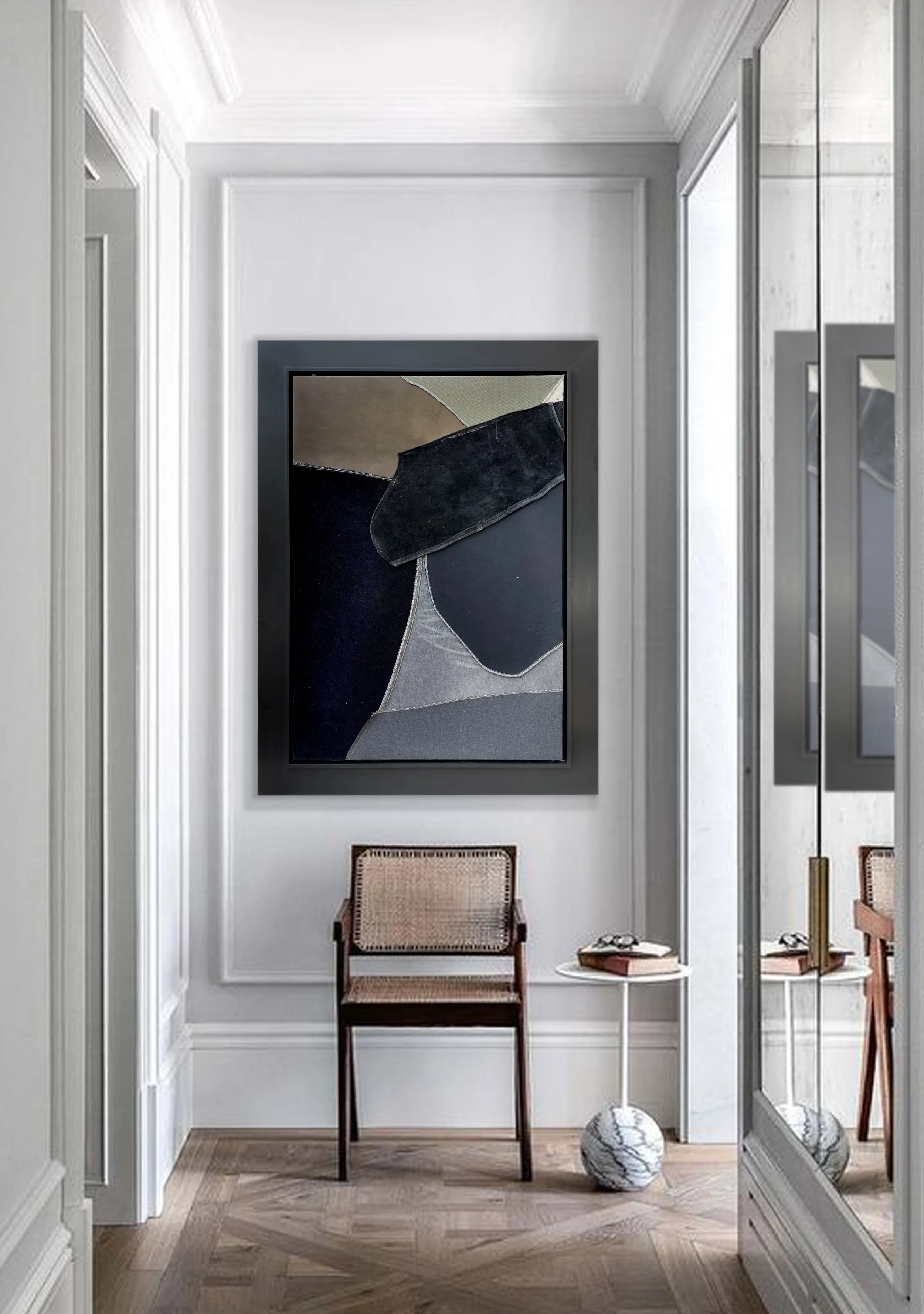 ENCOMPASS
2025
Mixed media on repurposed denim
& textiles incorporating recycled leather.
48”x 48"