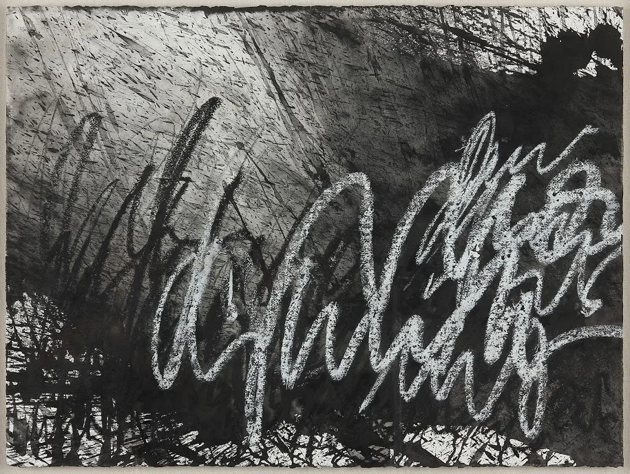 Asemic N069.13, Sumi Ink, Oil on Paper, 22 x 30 in