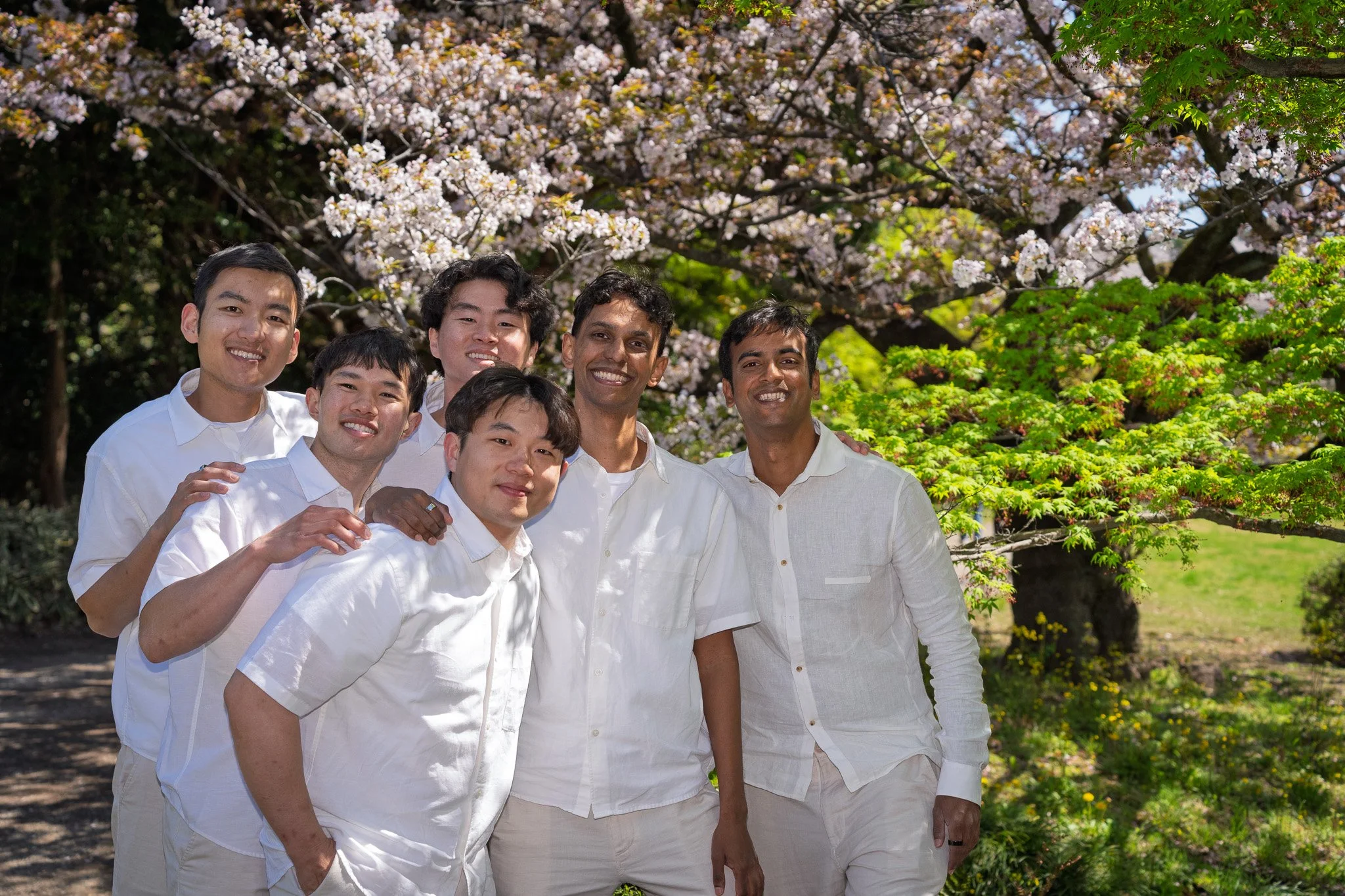 Group of six diverse men smiling outdoors under flowering trees on a sunny day.