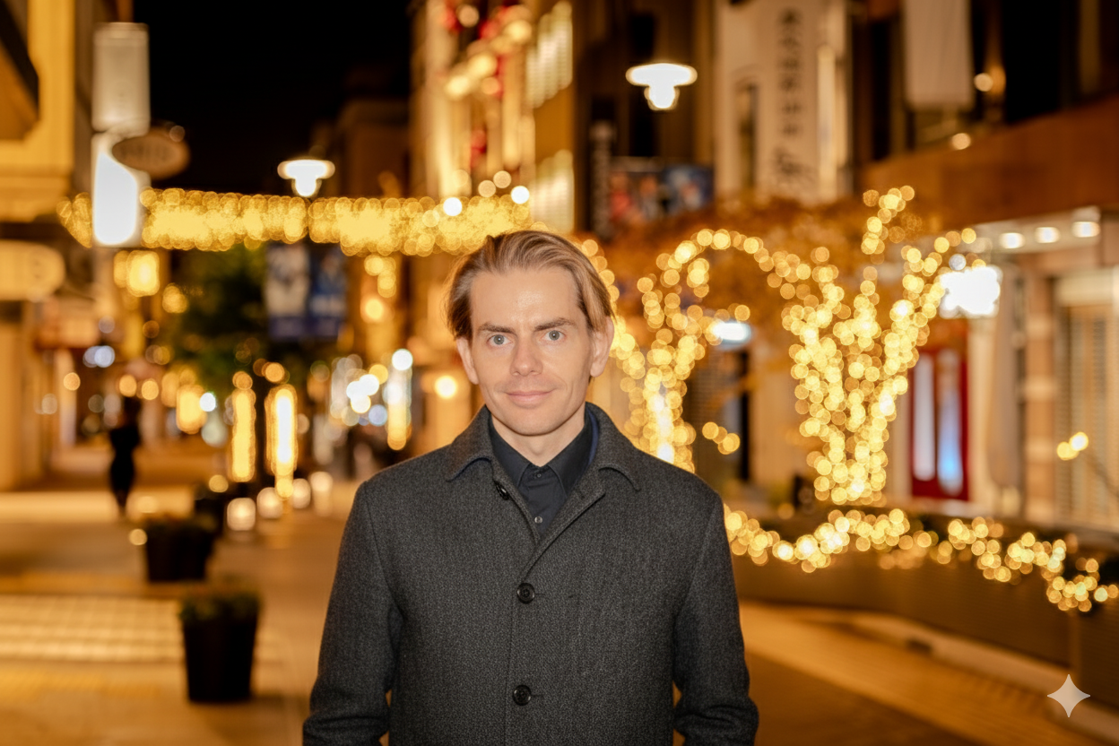 A man with light brown hair and a serious expression standing on a decorated city street at night with illuminated trees and buildings in the background.
