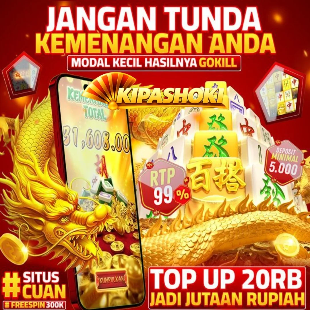 Advertisement for an online gambling site with a dragon, coins, playing tiles, and a phone displaying winnings of 31,608.00. The poster features bold red and yellow text in Indonesian, promoting small capital gains, high RTP, minimal deposit, and potential big earnings.