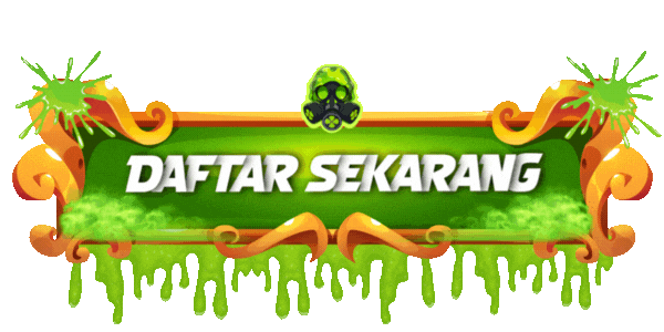 A colorful graphic with a green and orange design, featuring the text 'DAFTAR SEKARANG' in white, surrounded by slime and tentacle-like elements, with a skull in the center top.