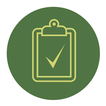 Icon of a clipboard with a checkmark on it, on a green circular background.