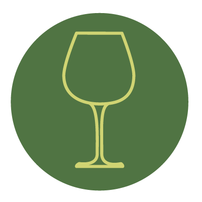 A minimalistic icon of a wine glass on a dark green circular background.