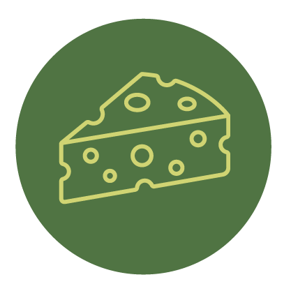Icon of a wedge of cheese on a green circular background.
