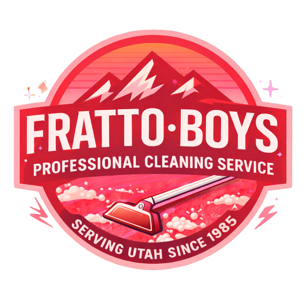 Logo for Fratto Boys Professional Cleaning Service featuring mountains, a mop, and branding text indicating service since 1985 in Utah.