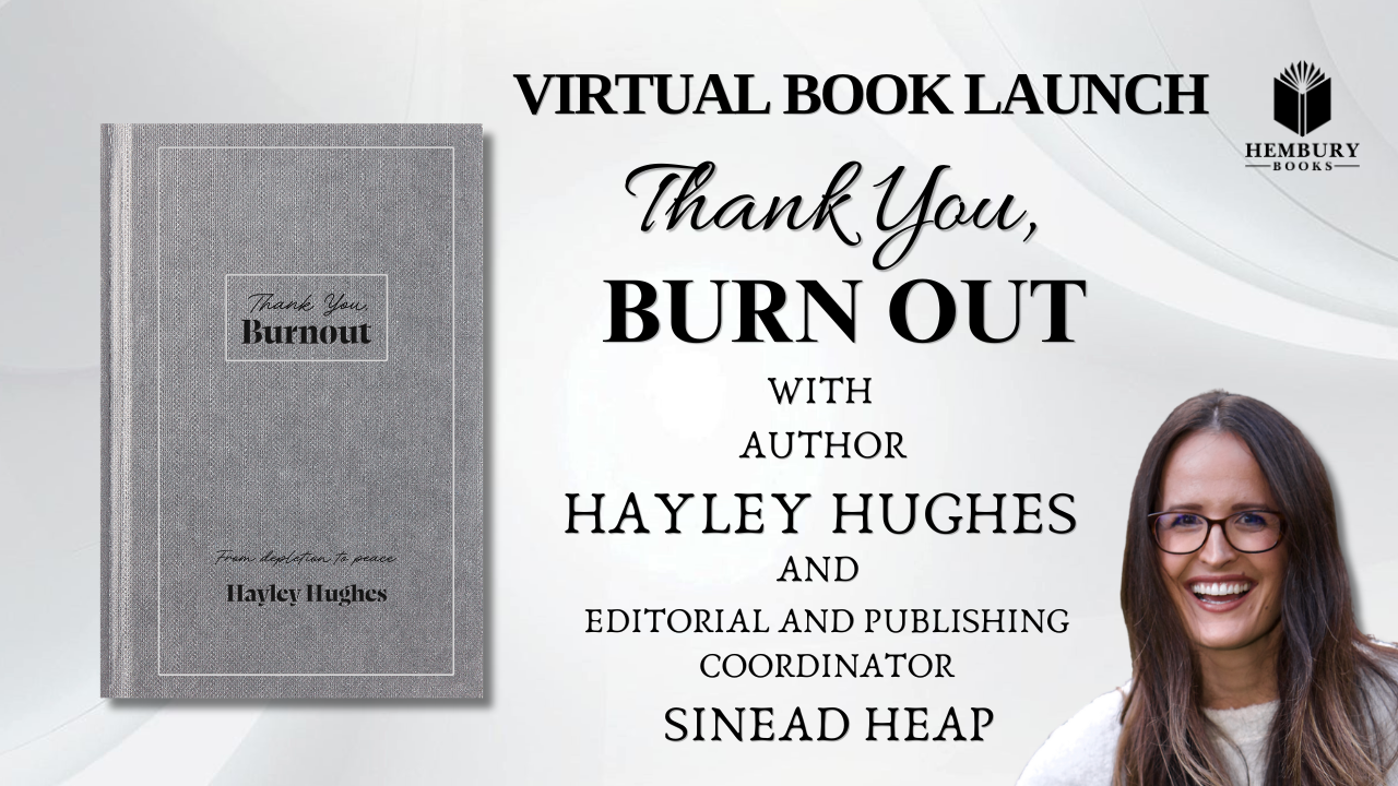 Virtual Book Launch tile image featuring Thank You, Burnout's cover and author profile image.