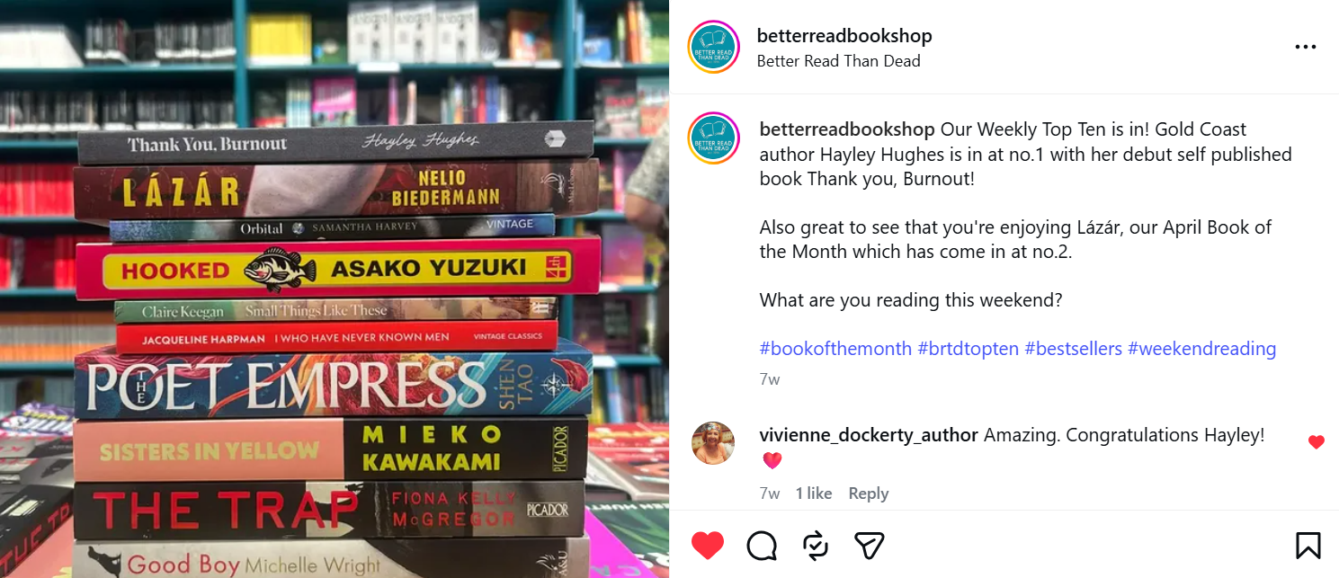Thank You, Burnout top of pile in Better Read Bookstore's weekly top ten April 2026