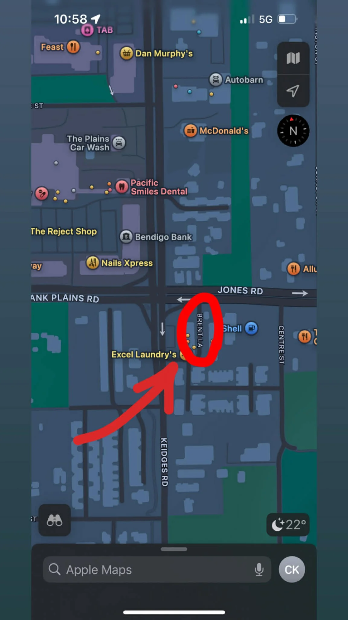 Map showing a section of Jones Road and nearby streets with labels for businesses and landmarks, including an arrow pointing to 'BRENNT LA'.