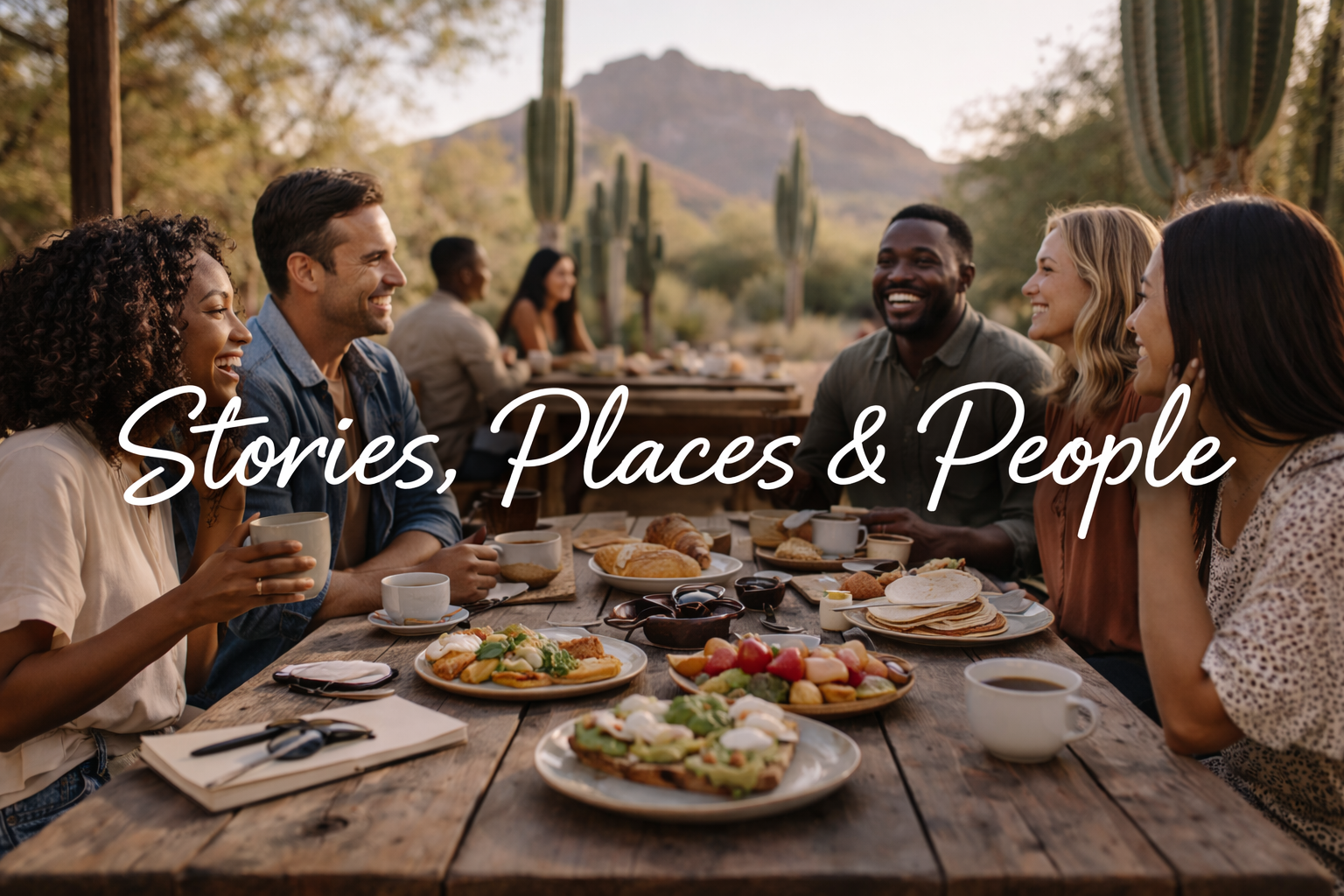 People enjoying a breakfast outdoors at a long wooden table surrounded by cacti and mountains, with food and drinks on the table. Text overlay says "Stories, Places & People."