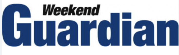 Weekend Guardian logo with bold black and blue text on a white background.
