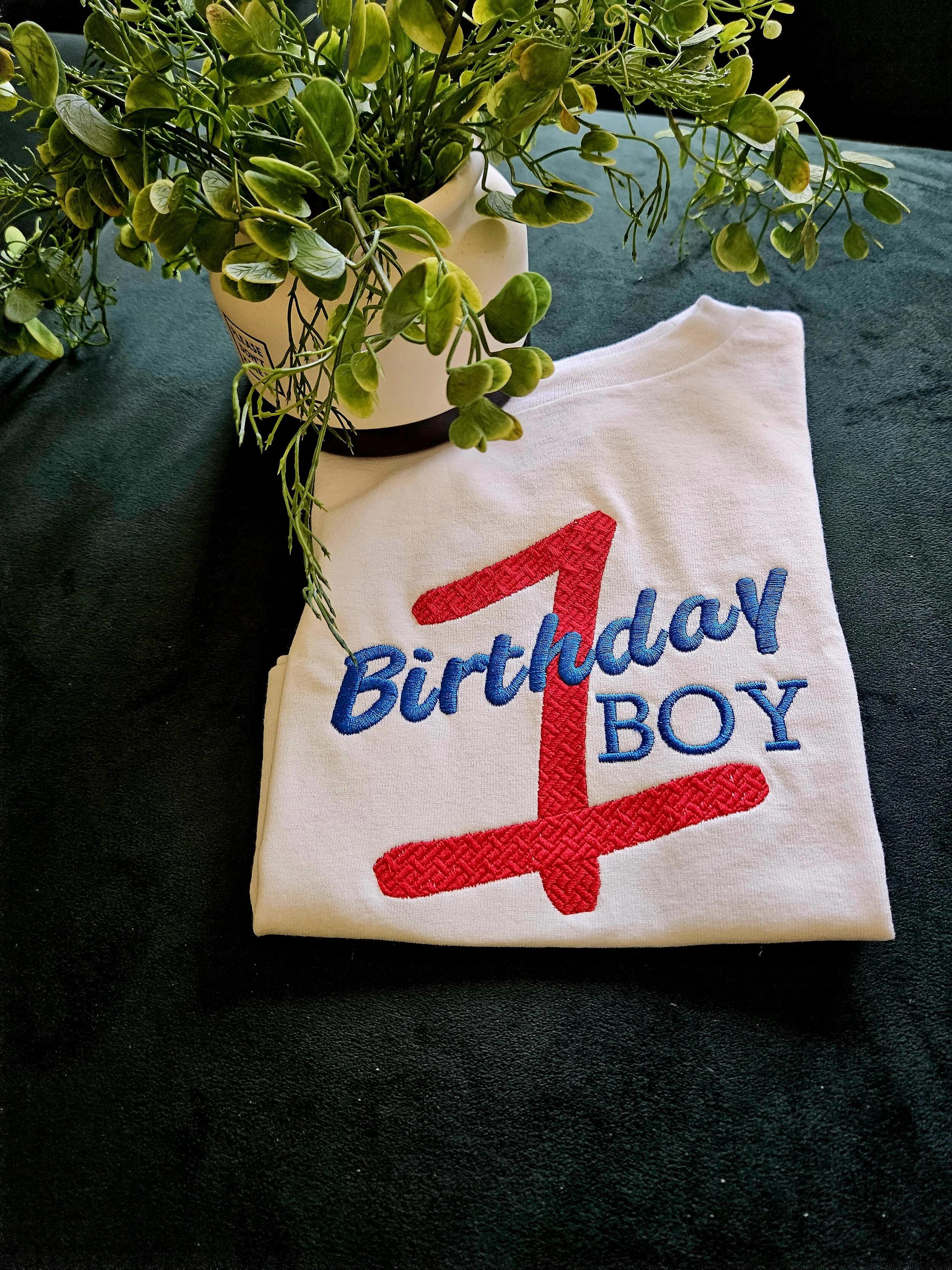 A white T-shirt with embroidered text and graphics reading '1st Birthday Boy' and a large red number 1, placed on a dark surface next to a potted plant with green foliage.