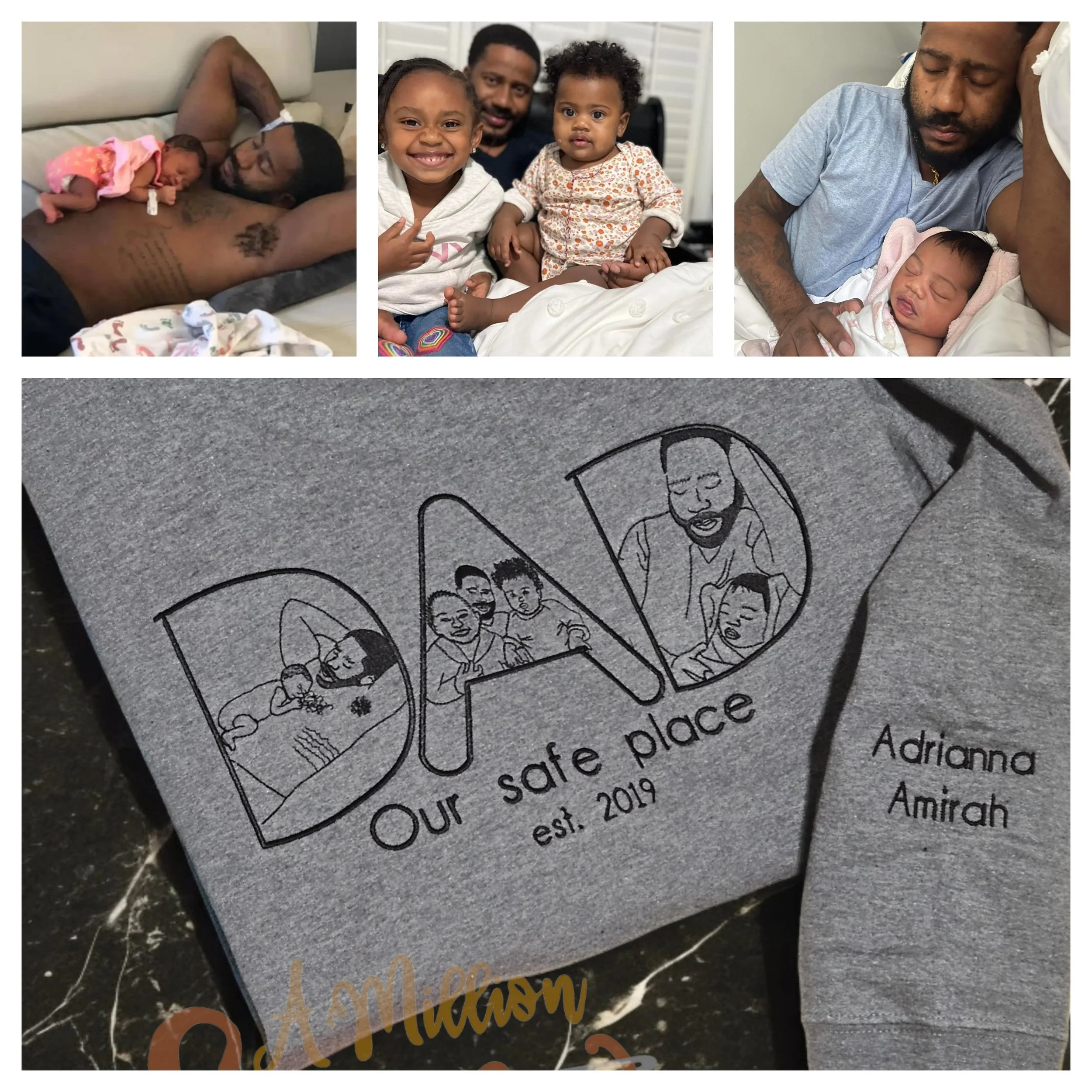 Compilation of four images: the top three showing a woman, a man, and two children in various settings, including moments with a newborn; the bottom image showing a gray fabric with an illustration of a family and text that reads "Our safe place, est