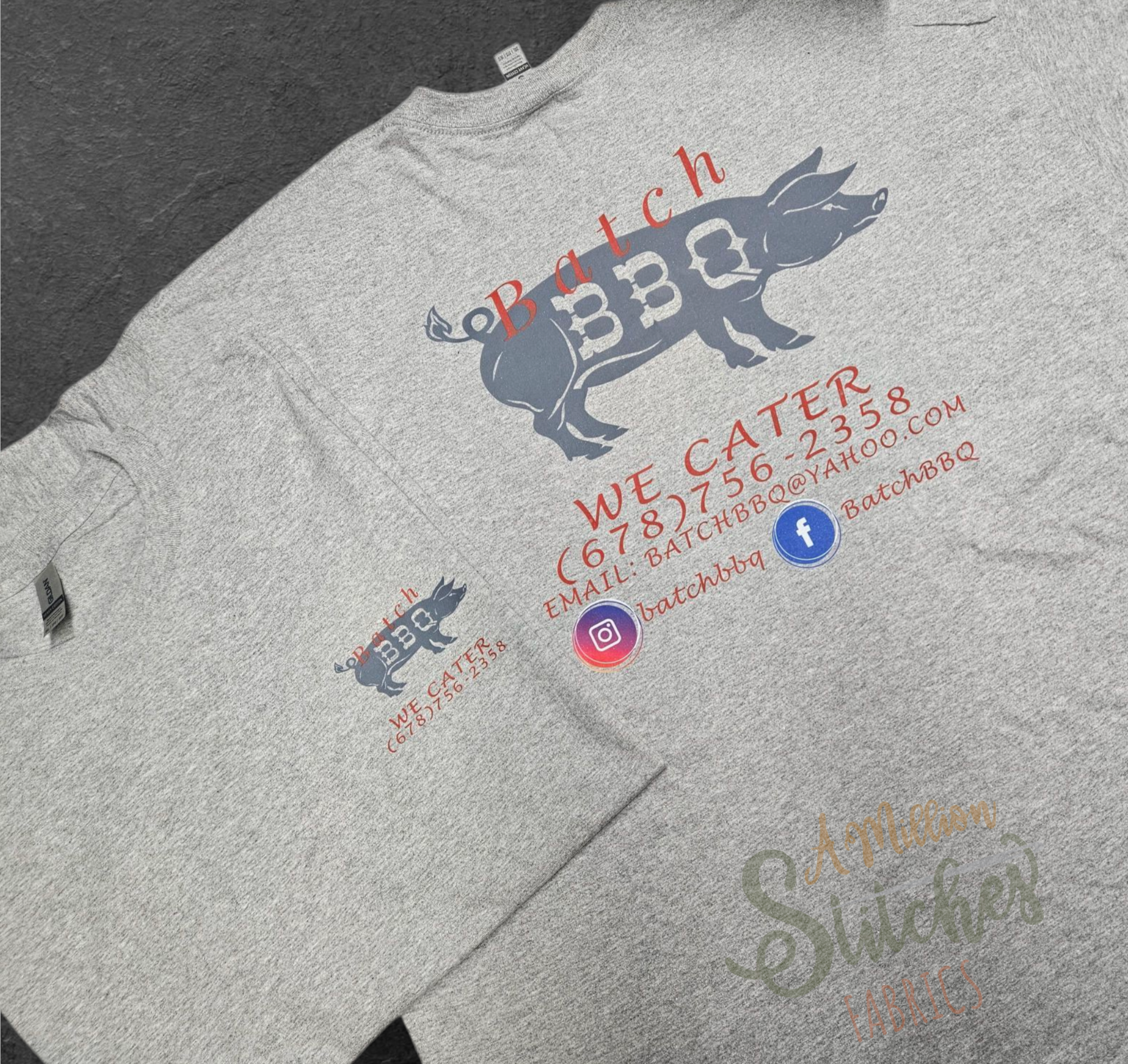 Gray T-shirt with blue pig logo and red and blue text for Batch BBQ, including phone number, email, and social media icons for Facebook and Instagram.