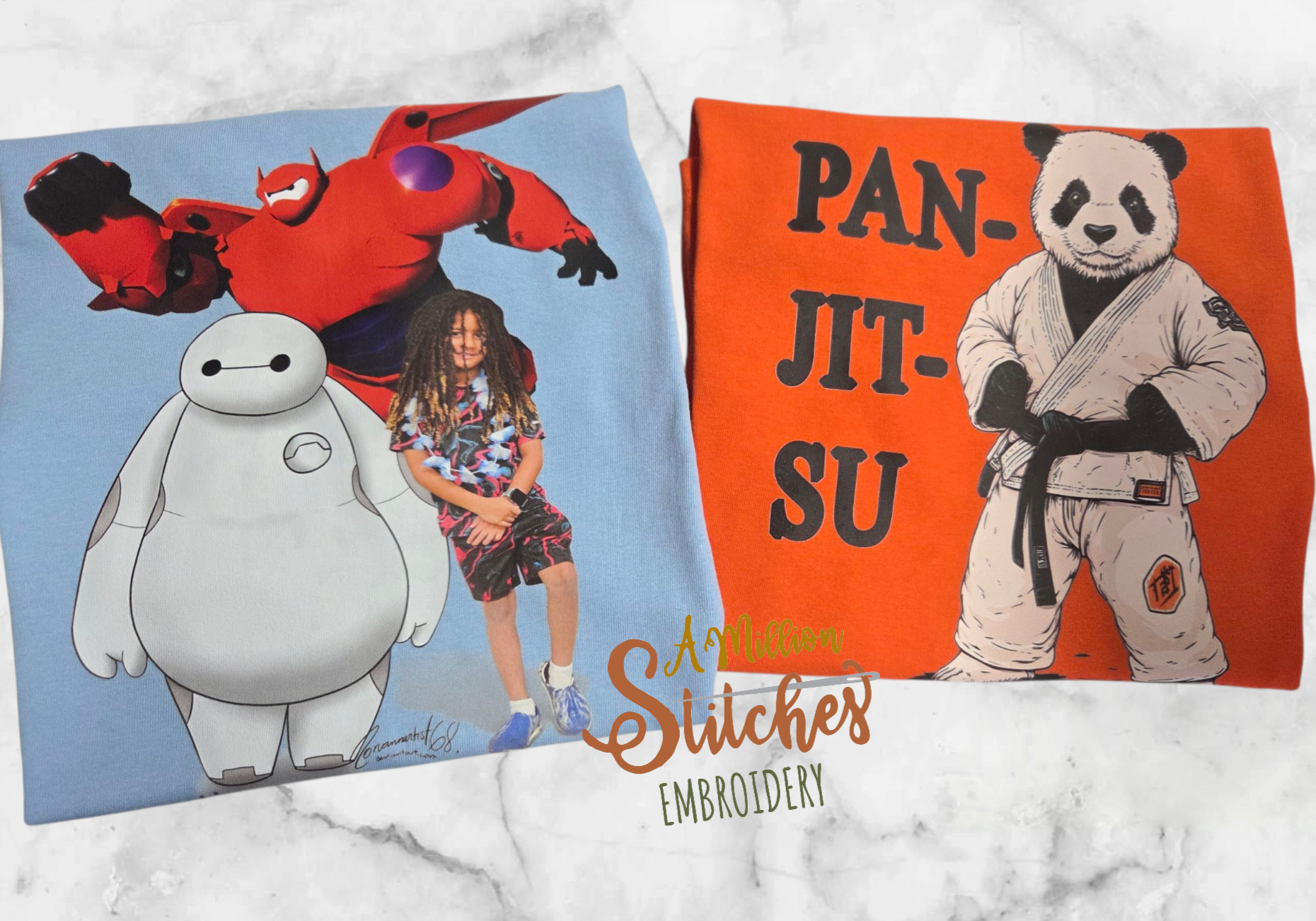 Two DTF printed pieces with popular characters: Baymax, Hiro Hamada, and Baymax from Disney's Big Hero 6 on the left, and a panda dressed in a jiujitsu uniform on the right, with the words "Pan-Jit-Su".