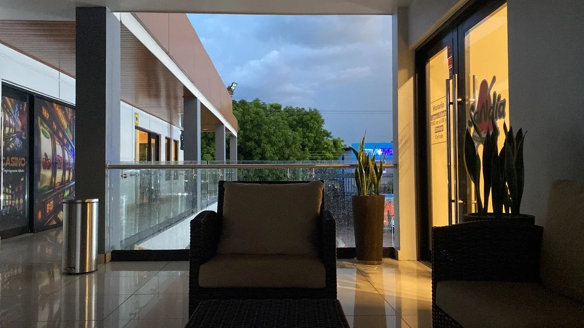 Indoor seating area with dark wicker chairs and beige cushions, large potted plants, glass railing, view of a shopping plaza and cloudy sky outside at dusk.