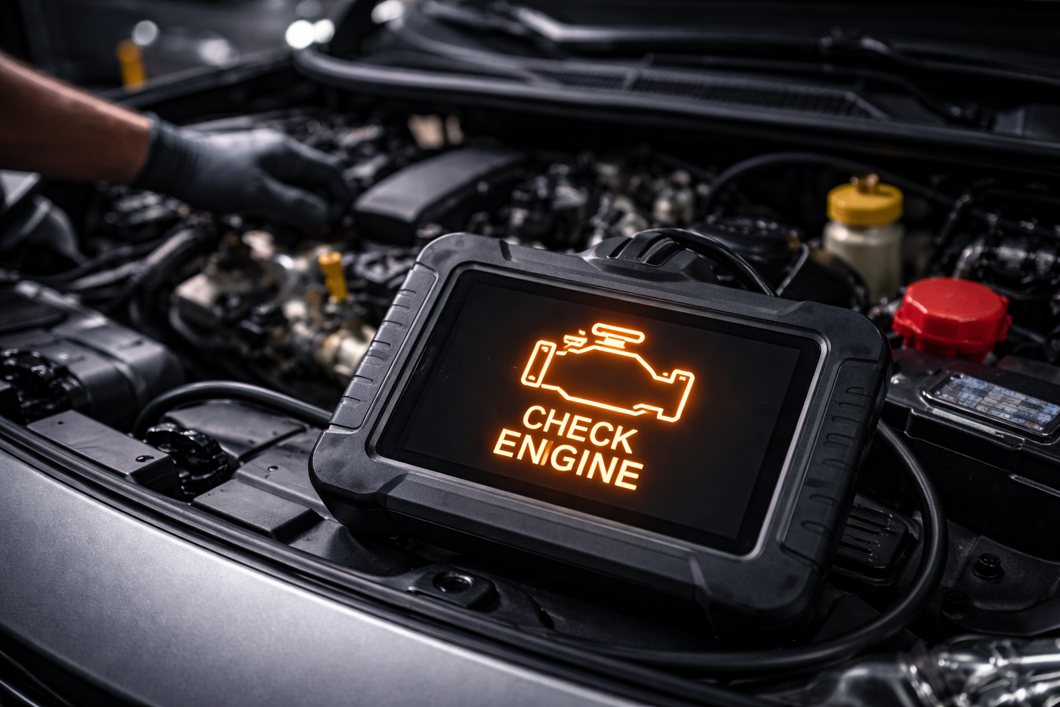 A computer-based diagnostic tool displays a warning light for checking the engine, with a person working on a car engine in the background.