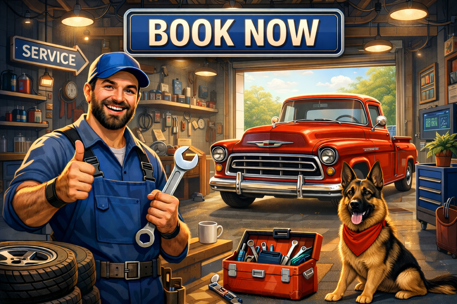 A cheerful mechanic in blue overalls and cap holding a wrench and giving a thumbs up inside a well-equipped garage with a vintage red truck and a German shepherd dog wearing a red bandana. There is a large sign that says 'BOOK NOW' above the garage door and various tools and tires around.