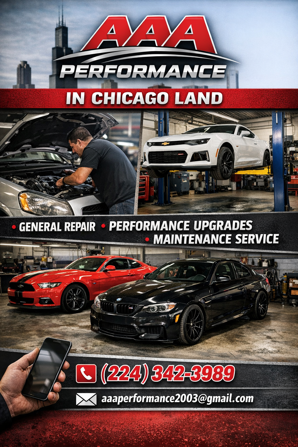 Flyer advertising AAA Performance auto repair shop in Chicago, featuring images of cars, mechanics working on a car, and contact information.